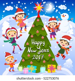 Happy New Year. 2017. Winter fun. Cheerful kids playing in the snow. Stock vector illustration of a group of happy children in red Santa hat 