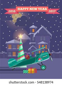 Happy New Year. 2017. New Year and winter travel background. Traveling in time of vacation by plane. The winter holiday. bag of gifts. Vector illustration.