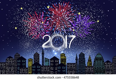Happy new year 2017 written with firework and city light