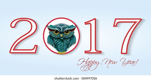 Happy New Year 2017.Vector illustration with owl.