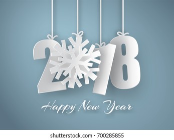 Happy New Year 2018. 3d white paper numbers with snowflake isolated on blue background. Vector Greeting card.