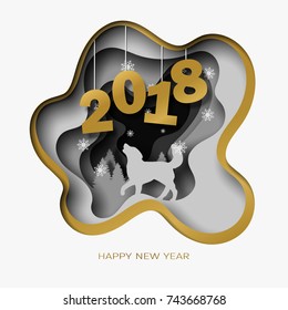 Happy New Year 2018 3d abstract paper cut illustration of dog, tree, snow in the night. Golden frame. Vector colorful greeting card template in carving art style. Eps10.