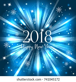 Happy New Year 2018. Abstract background with flash and shining stars. Creative design. Postcard for New Year, Christmas. Poster, template. Vector illustration.