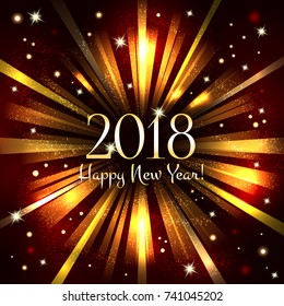 Happy New Year 2018. Abstract background with flash and shining stars. Creative design. Postcard for New Year, Christmas. Poster, template. Vector illustration.