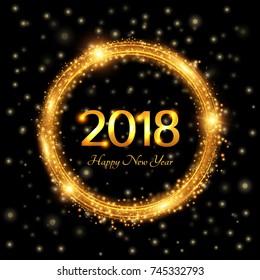 Happy New Year 2018. Abstract glowing festive background.Circle ornament with text. Vector illustration for cards, invitations, poster, banner, calendar, holiday decorations.