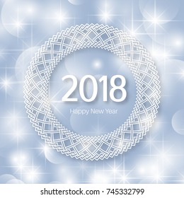 Happy New Year 2018. Abstract indistinct background with  frame, text. Circular festive ornament with side sparks. Vector illustration for cards, invitations, poster,banner,calendar,holiday
