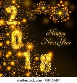 Happy New Year 2018. An abstract festive background with text from brilliant particles an fireworks. The shining vector illustration for cards, invitations, posters, banners, calendars, festive