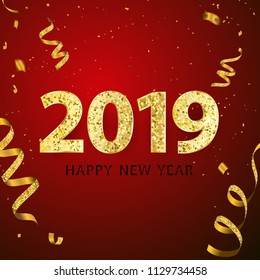 Feliz Año Nuevo 2018. Confección dorada de plantilla de diseño de tarjeta de felicitación. Celebra el folleto o el volante.