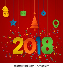 Happy New Year 2018 background. Colorful, hand drawn paper typeface on celebration background. Greeting card. Vector illustration EPS10