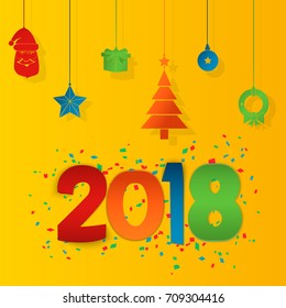 Happy New Year 2018 background. Colorful, hand drawn paper typeface on celebration background. Greeting card. Vector illustration EPS10