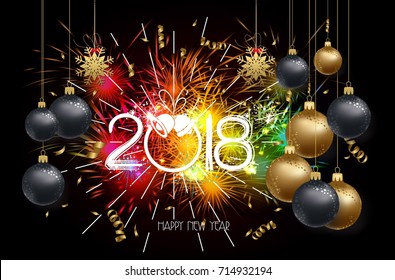 Happy new year 2018 background with christmas confetti gold and firework