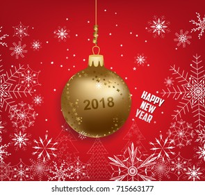 happy new year 2018 background with ball and snowflakes