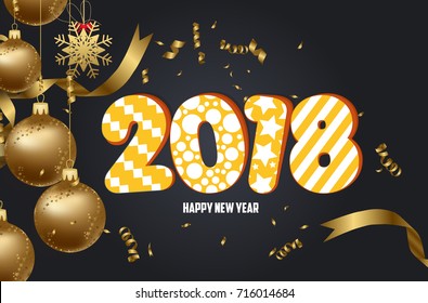 happy new year 2018 background with christmas ball and confetti gold