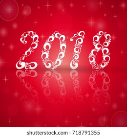 Happy New Year 2018 background. Template for greeting card, poster, banner. Handwritten ornate "2018" on red background 