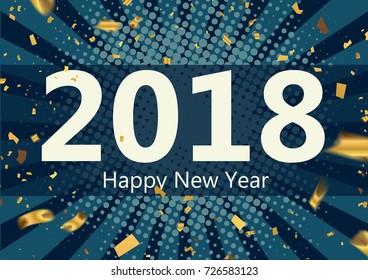 Happy New Year 2018. background with gold ribbons and confetti.