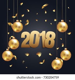 Happy New Year and 2018 background with gold and black luxury color, flags garland and confetti. Greeting card design celebration. Vector stock illustration