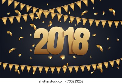 Happy New Year 2018 background with black and gold color, flags garland and confetti. Greeting card design celebration. Vector illustration