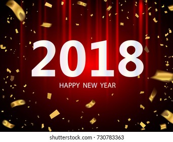 Happy New Year 2018. background with gold ribbons and confetti.