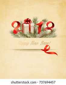 Feliz Año Nuevo 2018 con una caja de regalo y cintas rojas. Vector.