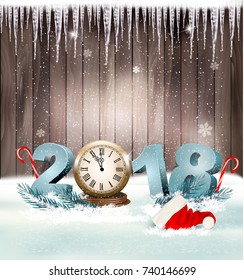 Happy New Year 2018 background with Santa hat and clock. Vector.
