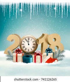 Feliz Año Nuevo 2018 con regalos y reloj. Vector.