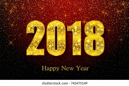 Happy New Year 2018. Background with golden sparkling texture. Gold Numbers 0, 1, 2, 8. Vector Illustration for holiday greeting card, invitation, calendar poster banner