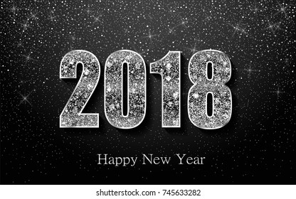 Happy New Year 2018. Background with silver sparkling texture. Glitter Numbers 0, 1, 2, 8. Vector Illustration for holiday greeting card, invitation, calendar poster banner