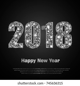 Happy New Year 2018. Background with silver sparkling texture. Glitter Numbers 0, 1, 2, 8. Vector Illustration for holiday greeting card, invitation, calendar poster banner