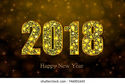 Happy New Year 2018. Background with golden sparkling texture. Gold Numbers 0, 1, 2, 8. Vector Illustration for holiday greeting card, invitation, calendar poster banner