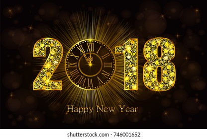 Happy New Year 2018. Background with golden sparkling texture. Gold Numbers 1, 2, 8 with golden clock.. Vector Illustration for holiday greeting card, invitation, calendar poster banner