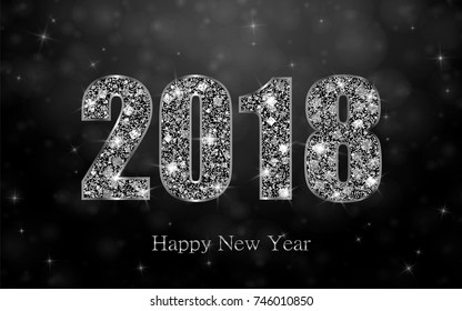 Happy New Year 2018. Background with silver sparkling texture. Glitter Numbers 0, 1, 2, 8. Vector Illustration for holiday greeting card, invitation, calendar poster banner