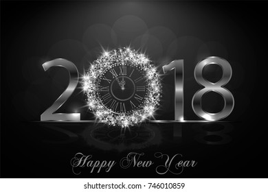 Happy New Year 2018. Background with silver sparkling texture. Argent Numbers 1, 2, 8 with shiny clock.. Vector Illustration for holiday greeting card, invitation, calendar poster banner