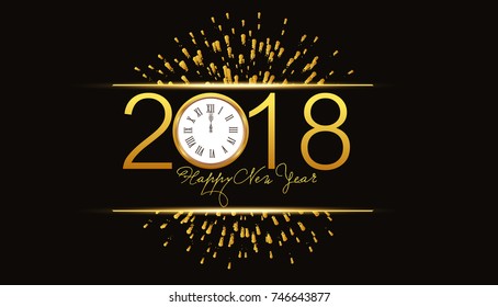 Happy new year 2018 background with fireworks and gold clock