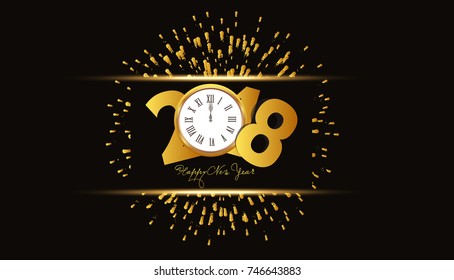 Happy new year 2018 background with fireworks and gold clock
