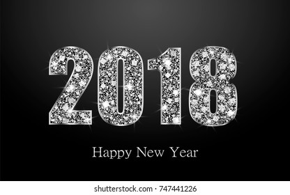 Happy New Year 2018. Background with silver sparkling texture. Glitter Numbers 0, 1, 2, 8. Vector Illustration for holiday greeting card, invitation, calendar poster banner