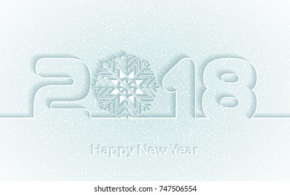 Happy New Year 2018 background with paper cuttings. Numbers 1, 2, 8 and snowflake cut from paper for holiday greeting card, invitation, calendar poster, banner. Vector Illustration. 