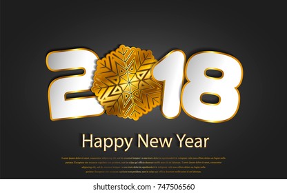 Happy New Year 2018 background with paper cuttings. Numbers 1, 2, 8 and snowflake cut from paper for holiday greeting card, invitation, calendar poster. Vector Illustration with gold sparkling texture