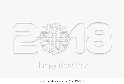 Happy New Year 2018 background with paper cuttings. Numbers 1, 2, 8 and snowflake cut from paper for holiday greeting card, invitation, calendar poster, banner. Vector Illustration. 