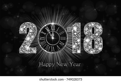 Happy New Year 2018. Background with silver sparkling texture. Argent Numbers 1, 2, 8 with shiny clock.. Vector Illustration for holiday greeting card, invitation, calendar poster banner