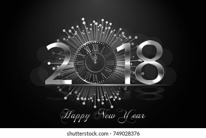 Happy New Year 2018. Background with silver sparkling texture. Argent Numbers 1, 2, 8 with shiny clock.. Vector Illustration for holiday greeting card, invitation, calendar poster banner