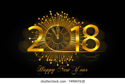 Happy New Year 2018. Background with golden sparkling texture. Gold Numbers 1, 2, 8 with golden clock.. Vector Illustration for holiday greeting card, invitation, calendar poster banner