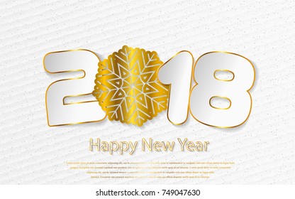 Happy New Year 2018 background with paper cuttings. Numbers 1, 2, 8 and snowflake cut from paper for holiday greeting card, invitation, calendar poster. Vector Illustration with gold sparkling texture