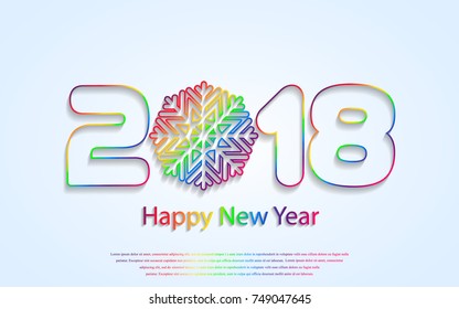 Happy New Year 2018 background with paper cuttings. Numbers 1, 2, 8 and snowflake cut from paper for holiday greeting card, invitation, calendar poster, banner. Colorful Vector Illustration .