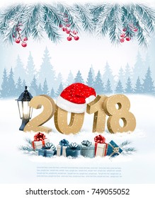 Feliz Año Nuevo 2018 con regalos y Santa Hat.Vector.