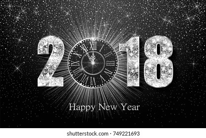 Happy New Year 2018. Background with silver sparkling texture. Argent Numbers 1, 2, 8 with shiny clock.. Vector Illustration for holiday greeting card, invitation, calendar poster banner