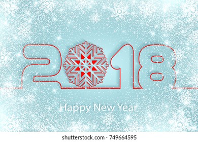 Happy New Year 2018 background with paper cuttings. Numbers 1, 2, 8 and snowflake cut from paper for holiday greeting card, invitation, calendar poster, banner. Vector Illustration .