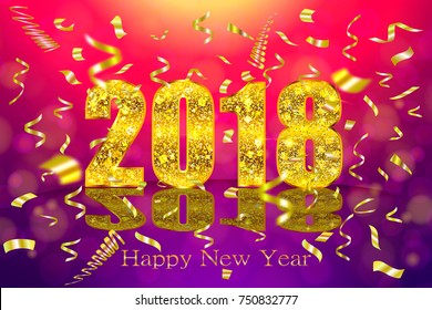 Happy New Year 2018. Background with golden sparkling texture. Gold Numbers 0, 1, 2, 8. Vector Illustration for holiday greeting card, invitation, calendar poster banner