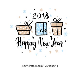 Happy New Year 2018. Background with Hand drawn doodle gift box. Vector illustration