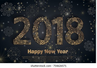Happy New Year 2018. Background with golden sparkling texture snowflake. Patina Gold Numbers 0, 1, 2, 8. Bright foil surface. Vector Illustration for holiday greeting card, invitation, calendar poster