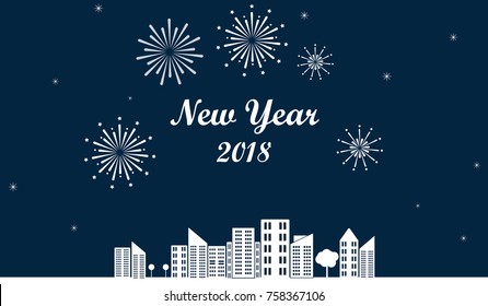 happy new year 2018 background  with city and fireworks.